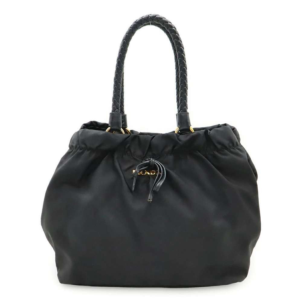 Prada Tessuto Gathered Ribbon Handbag Tote Bag Braided Handle NERO Black Strap
